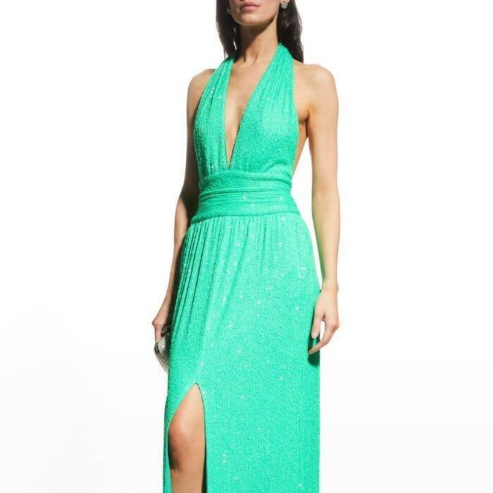 new TADASHI SHOJI Sasha Sequin Halter Maxi GOWN Dress Lime Green STUNNING! - Picture 10 of 16